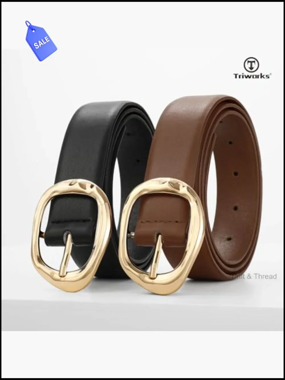 2 Pack Faux Leather Belts with Gold Liquid Buckle - Stretchy Waist Belt for